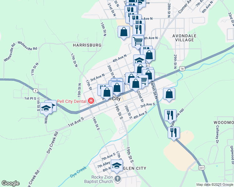 map of restaurants, bars, coffee shops, grocery stores, and more near 1915a Cogswell Avenue in Pell City