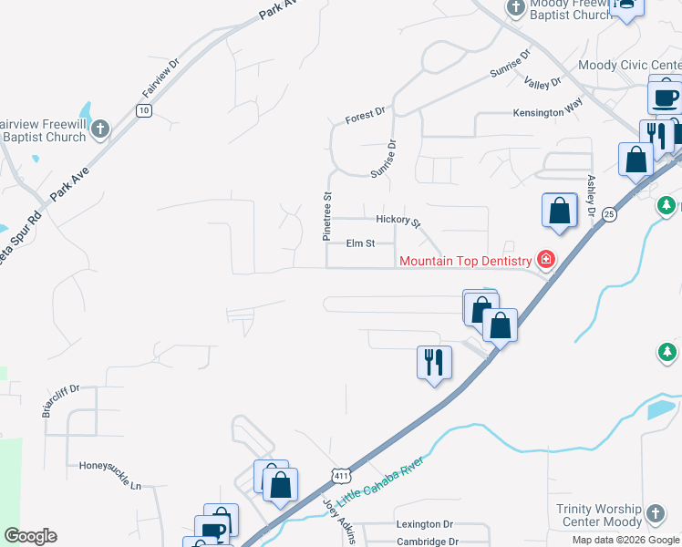 map of restaurants, bars, coffee shops, grocery stores, and more near 1027 Oak Boulevard in Moody