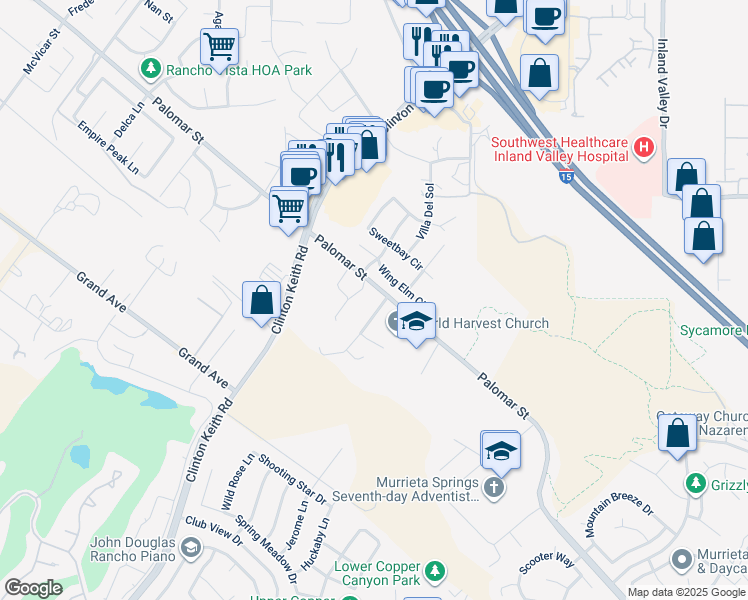 map of restaurants, bars, coffee shops, grocery stores, and more near Palomar Street in Wildomar