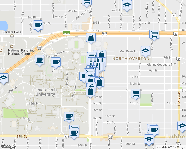 map of restaurants, bars, coffee shops, grocery stores, and more near 907 University Avenue in Lubbock