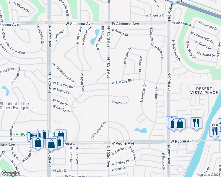 map of restaurants, bars, coffee shops, grocery stores, and more near 11215 North 103rd Avenue in Sun City