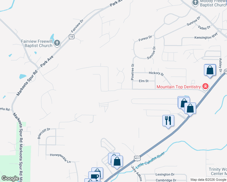 map of restaurants, bars, coffee shops, grocery stores, and more near 1141 Oak Boulevard in Moody