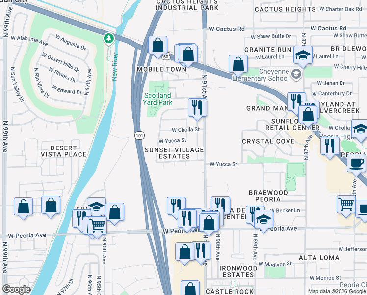 map of restaurants, bars, coffee shops, grocery stores, and more near 9209 West Gary Road in Peoria