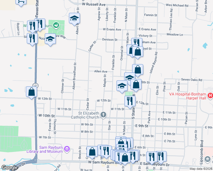 map of restaurants, bars, coffee shops, grocery stores, and more near 1316 Maple Street in Bonham