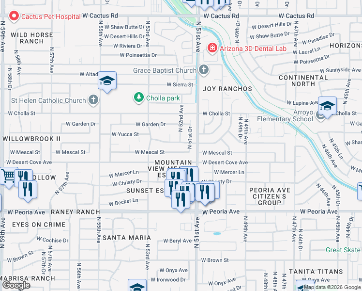 map of restaurants, bars, coffee shops, grocery stores, and more near 5122 West Mescal Street in Glendale