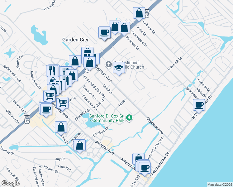 map of restaurants, bars, coffee shops, grocery stores, and more near 461 Oak Avenue in Murrells Inlet