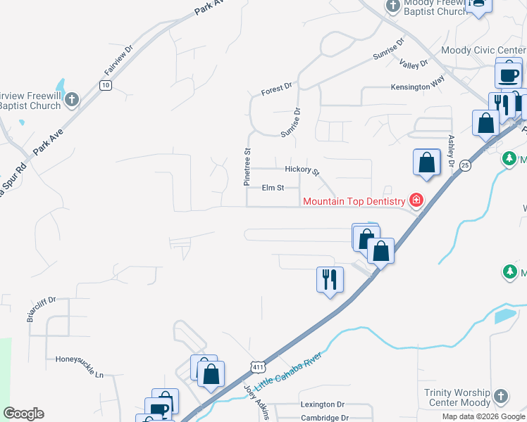 map of restaurants, bars, coffee shops, grocery stores, and more near 1027 Oak Boulevard in Moody