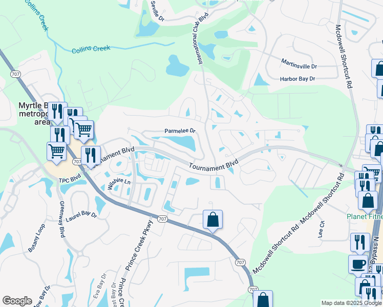 map of restaurants, bars, coffee shops, grocery stores, and more near 129 Parmelee Drive in Murrells Inlet