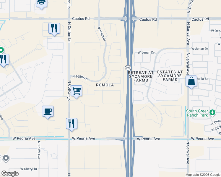 map of restaurants, bars, coffee shops, grocery stores, and more near Bob Stump Memorial Parkway in Surprise