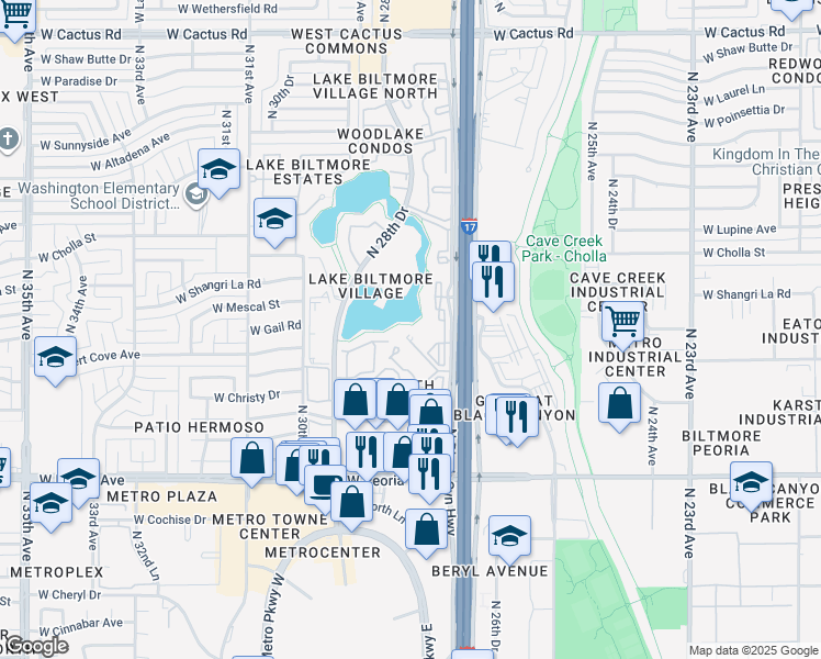 map of restaurants, bars, coffee shops, grocery stores, and more near 10828 North Biltmore Drive in Phoenix