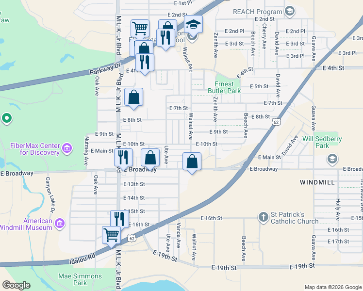 map of restaurants, bars, coffee shops, grocery stores, and more near 2120 10th Street in Lubbock