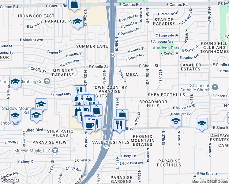 map of restaurants, bars, coffee shops, grocery stores, and more near 3328 East Desert Cove Avenue in Phoenix