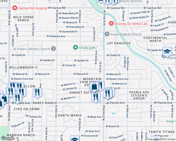 map of restaurants, bars, coffee shops, grocery stores, and more near 5214 West Mescal Street in Glendale