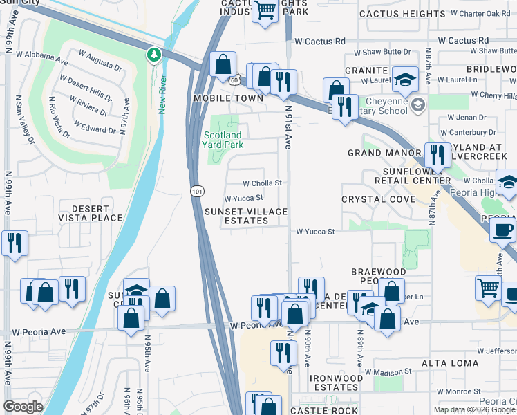map of restaurants, bars, coffee shops, grocery stores, and more near 9209 West Gary Road in Peoria