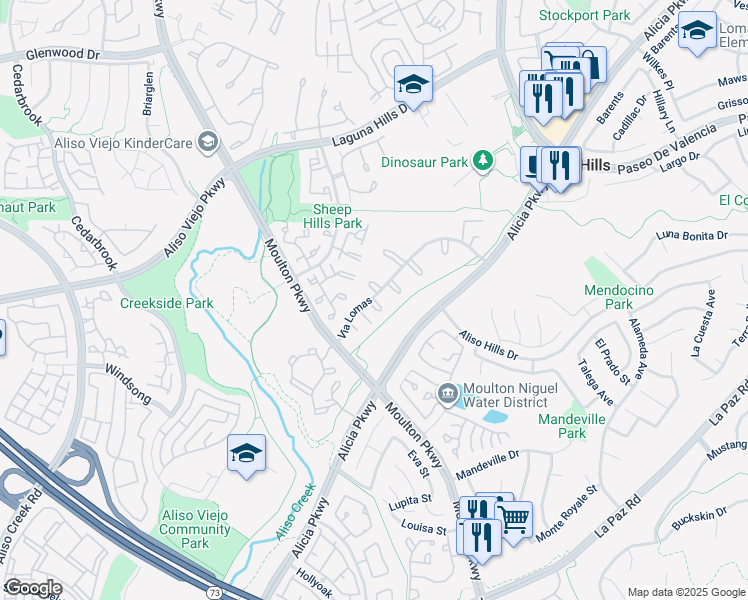 map of restaurants, bars, coffee shops, grocery stores, and more near 25882 Via Lomas in Laguna Hills