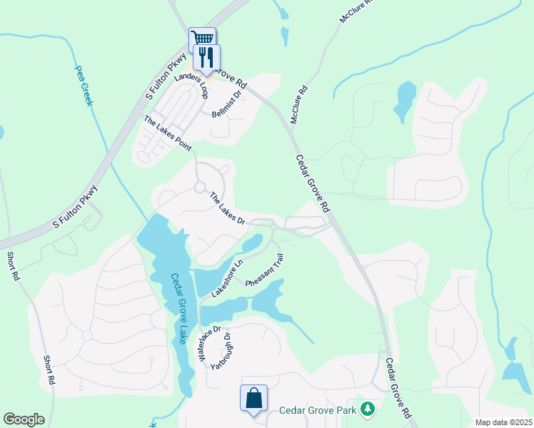 map of restaurants, bars, coffee shops, grocery stores, and more near 7625 Cedar Grove Road in Fairburn