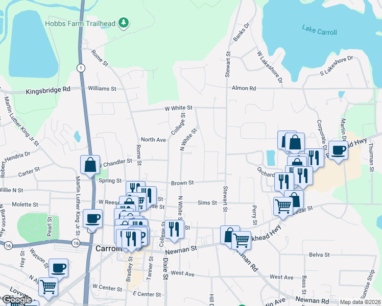map of restaurants, bars, coffee shops, grocery stores, and more near 142 Cherry Street in Carrollton