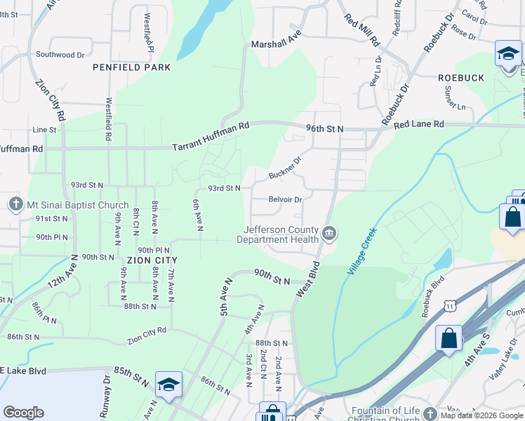 map of restaurants, bars, coffee shops, grocery stores, and more near 9013 Belcrest Drive in Birmingham