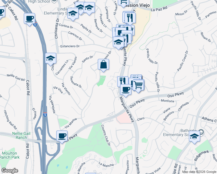 map of restaurants, bars, coffee shops, grocery stores, and more near 25911 Blascos in Mission Viejo