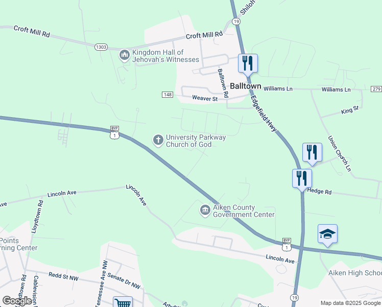 map of restaurants, bars, coffee shops, grocery stores, and more near 211 Majestic Oak in Aiken