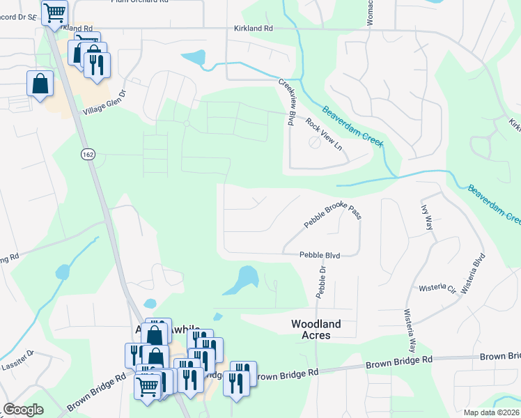 map of restaurants, bars, coffee shops, grocery stores, and more near 80 Pebble Lane in Covington