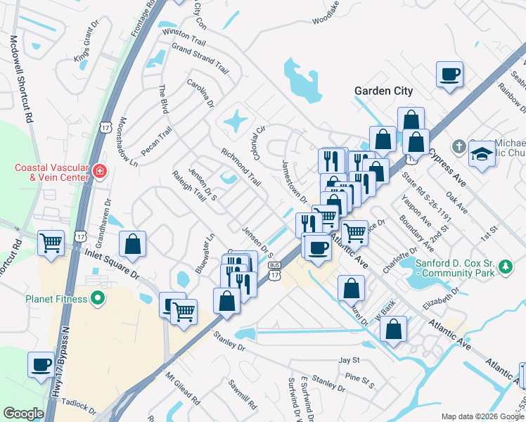 map of restaurants, bars, coffee shops, grocery stores, and more near 2927 Duke Trail in Murrells Inlet
