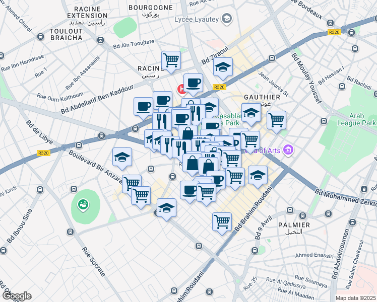 map of restaurants, bars, coffee shops, grocery stores, and more near Boulevard Al Massira Al Khadra in Casablanca