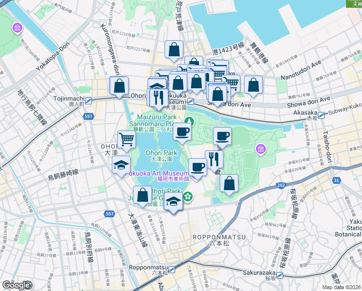 map of restaurants, bars, coffee shops, grocery stores, and more near in Fukuoka