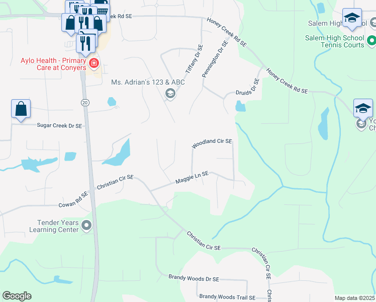 map of restaurants, bars, coffee shops, grocery stores, and more near 3945 Woodland Circle Southeast in Conyers