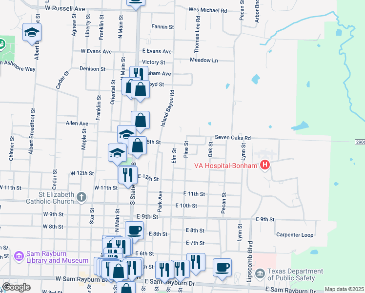 map of restaurants, bars, coffee shops, grocery stores, and more near 1318 Elm Street in Bonham