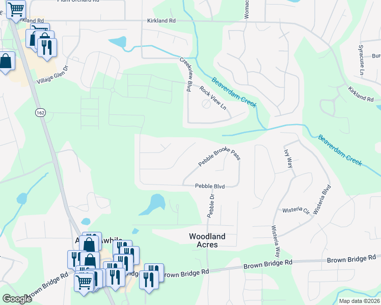 map of restaurants, bars, coffee shops, grocery stores, and more near 150 Pebble Brooke Court in Covington