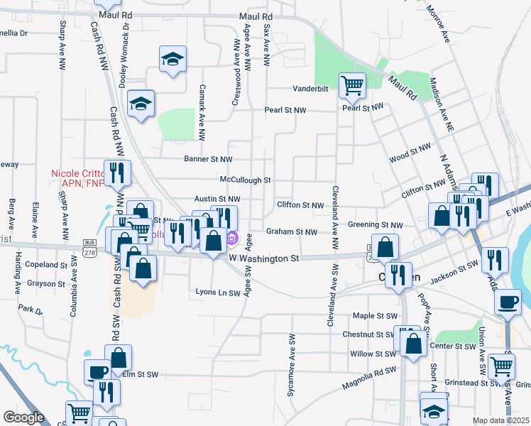 map of restaurants, bars, coffee shops, grocery stores, and more near 801-899 Clifton St NW in Camden