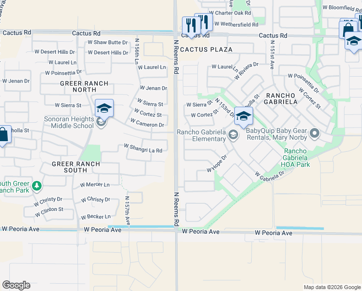 map of restaurants, bars, coffee shops, grocery stores, and more near 11266 North 154th Lane in Surprise