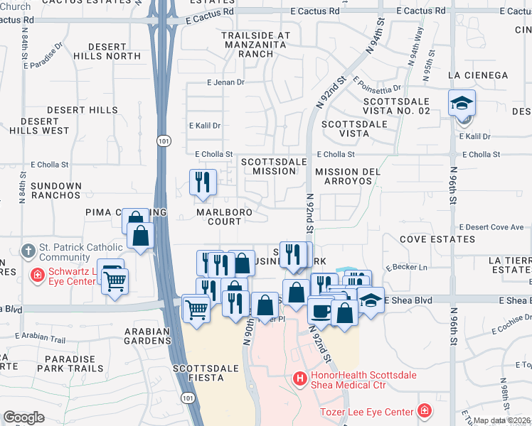 map of restaurants, bars, coffee shops, grocery stores, and more near 9065 East Gary Road in Scottsdale