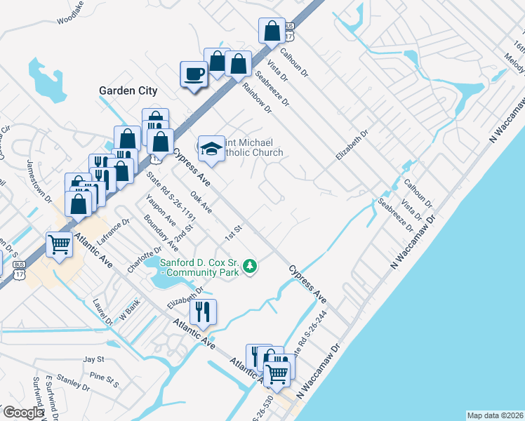 map of restaurants, bars, coffee shops, grocery stores, and more near 344 Cypress Avenue in Murrells Inlet