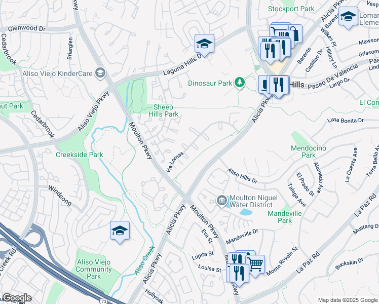 map of restaurants, bars, coffee shops, grocery stores, and more near 25882 Via Lomas in Laguna Hills