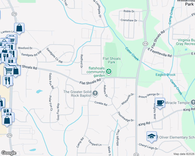 map of restaurants, bars, coffee shops, grocery stores, and more near 1991 Flat Shoals Road in Riverdale