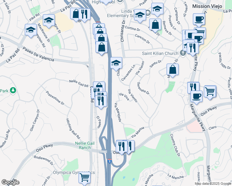 map of restaurants, bars, coffee shops, grocery stores, and more near 25881 Via Faro in Mission Viejo