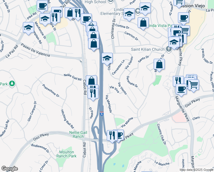 map of restaurants, bars, coffee shops, grocery stores, and more near 25881 Via Faro in Mission Viejo