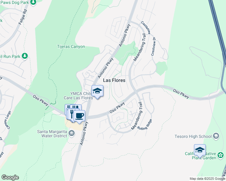 map of restaurants, bars, coffee shops, grocery stores, and more near 2 Grassy Knoll Lane in Rancho Santa Margarita