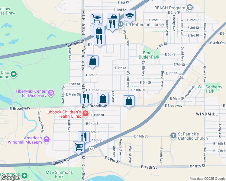 map of restaurants, bars, coffee shops, grocery stores, and more near 1001 Ute Avenue in Lubbock