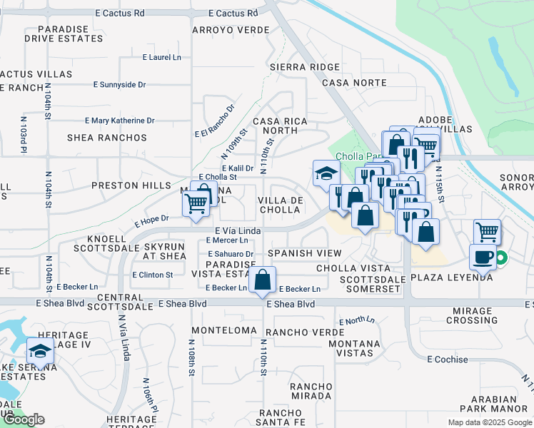 map of restaurants, bars, coffee shops, grocery stores, and more near 11031 North 110th Place in Scottsdale
