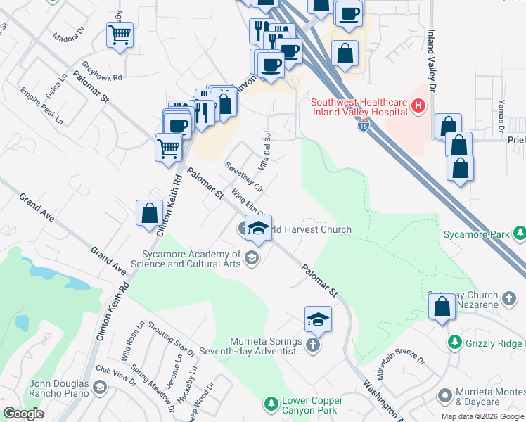 map of restaurants, bars, coffee shops, grocery stores, and more near 23076 Wing Elm Circle in Wildomar