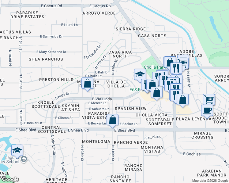 map of restaurants, bars, coffee shops, grocery stores, and more near 11031 North 110th Place in Scottsdale