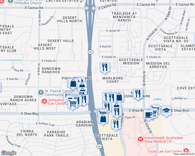 map of restaurants, bars, coffee shops, grocery stores, and more near 8803 East Mescal Street in Scottsdale