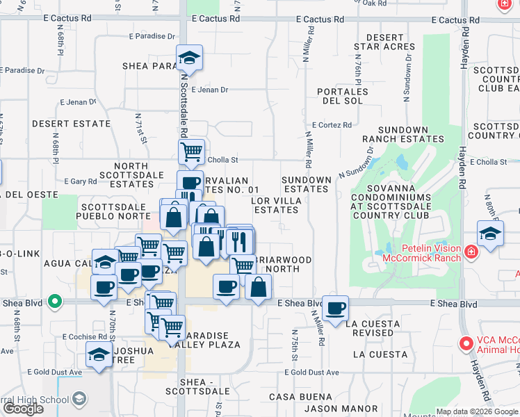 map of restaurants, bars, coffee shops, grocery stores, and more near 11021 North 74th Street in Scottsdale