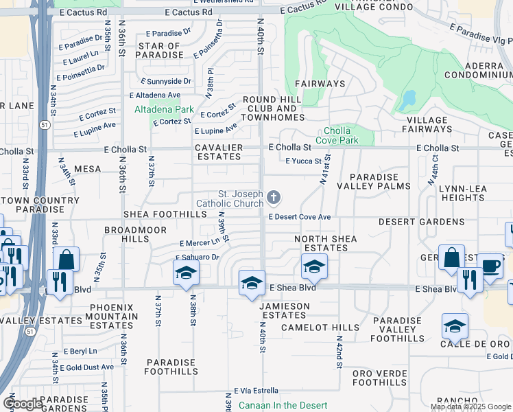 map of restaurants, bars, coffee shops, grocery stores, and more near 3950 East Desert Cove Avenue in Phoenix