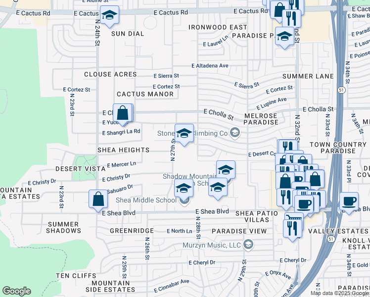 map of restaurants, bars, coffee shops, grocery stores, and more near 11049-11099 North 27th Street in Phoenix