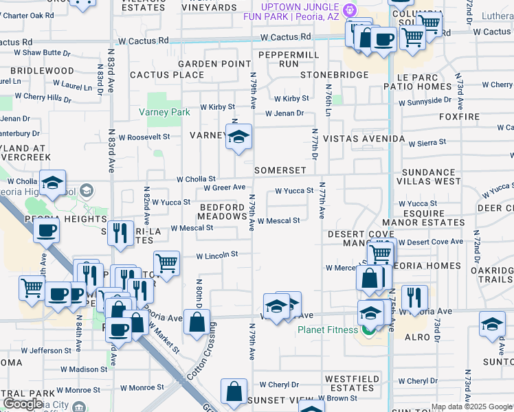 map of restaurants, bars, coffee shops, grocery stores, and more near 11207 North 79th Avenue in Peoria
