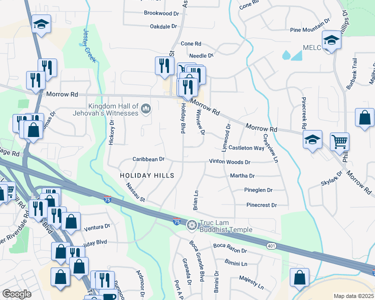 map of restaurants, bars, coffee shops, grocery stores, and more near 6136 Holiday Boulevard in Forest Park